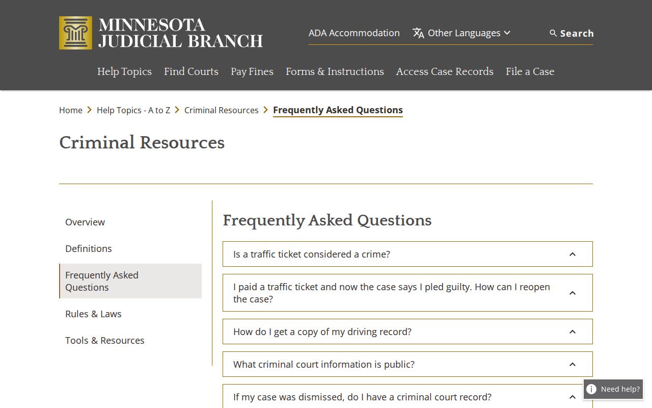 Minnesota court criminal FAQ describing Sibley County warrant reasons and custody warnings