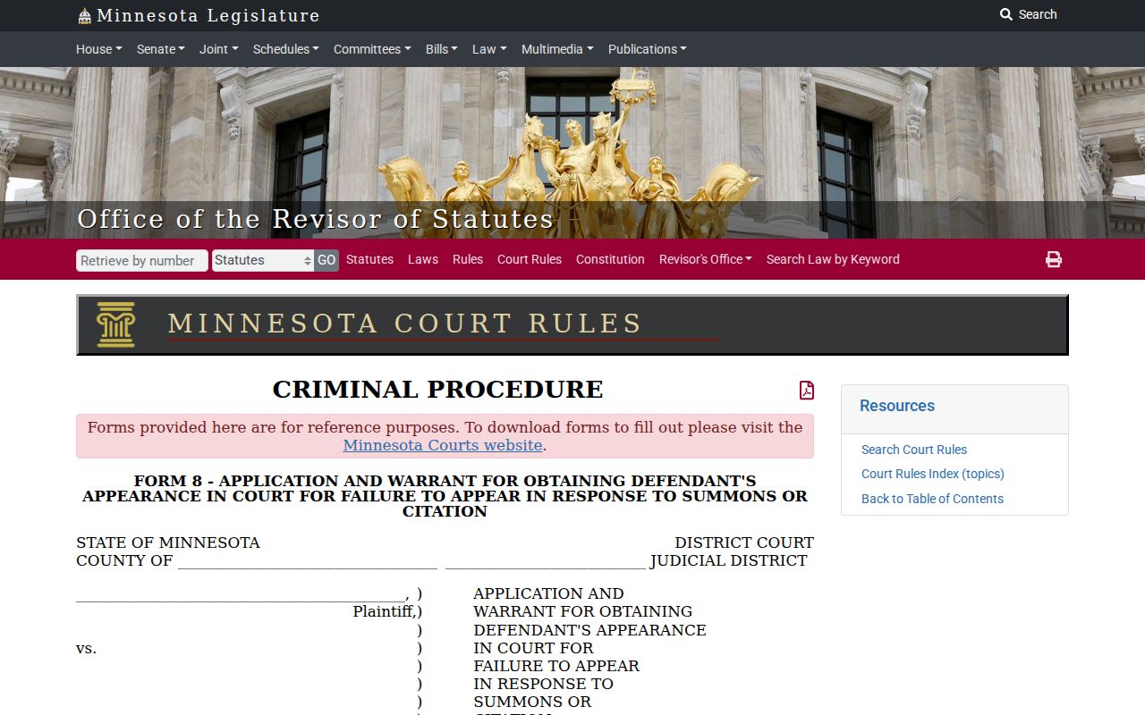 Minnesota Form 8 application and warrant layout used in Sibley County bench warrant cases