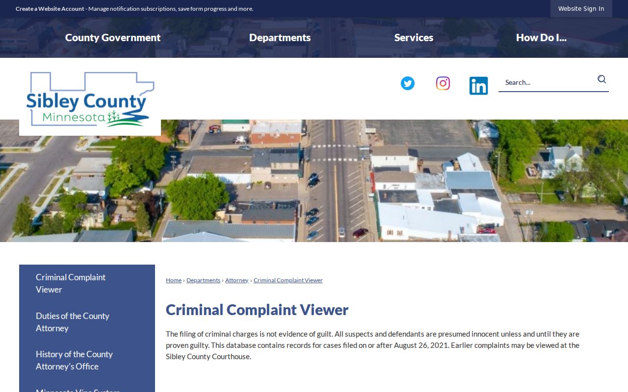 Sibley County criminal complaint archive heading used in a warrant search