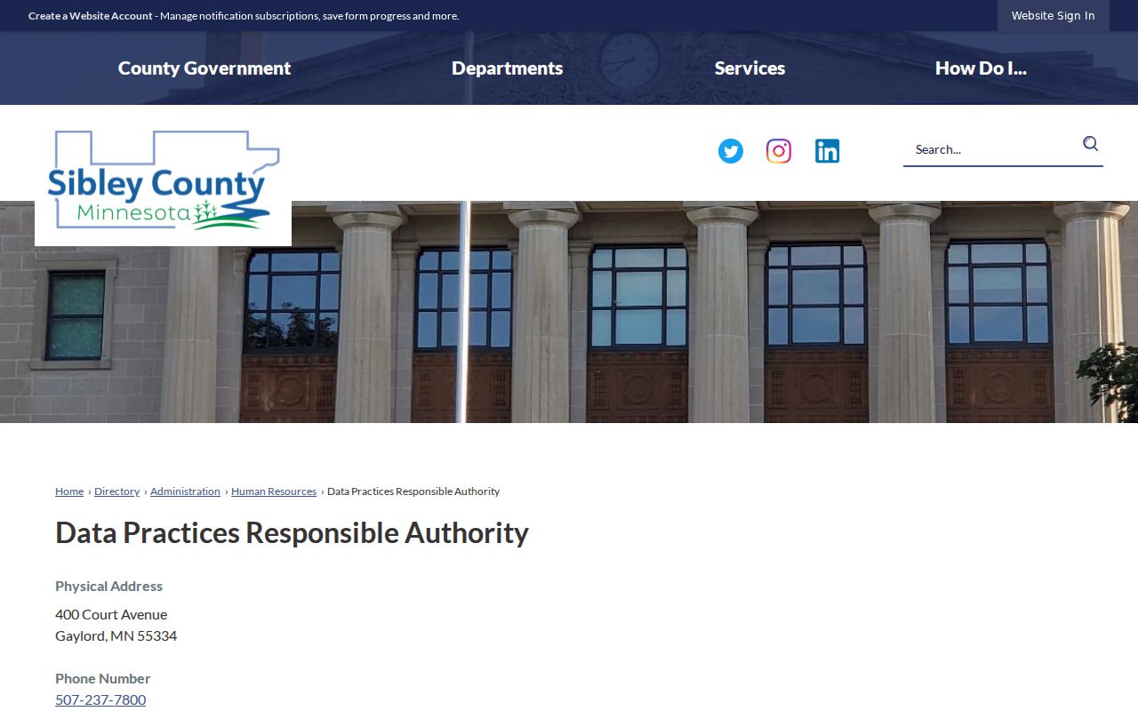 Sibley County responsible authority contact page for warrant record requests