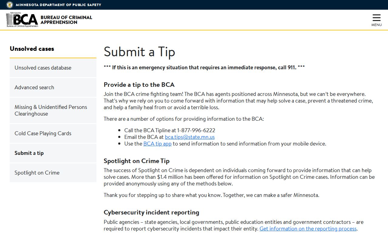 Minnesota state tip submission interface, separate from a Sibley County most wanted list
