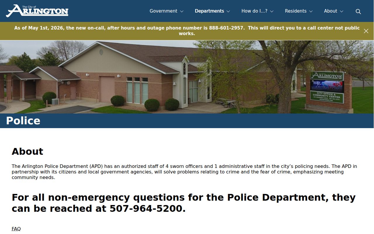 Arlington Police page with the department contact and no warrant lookup for Arlington warrant records