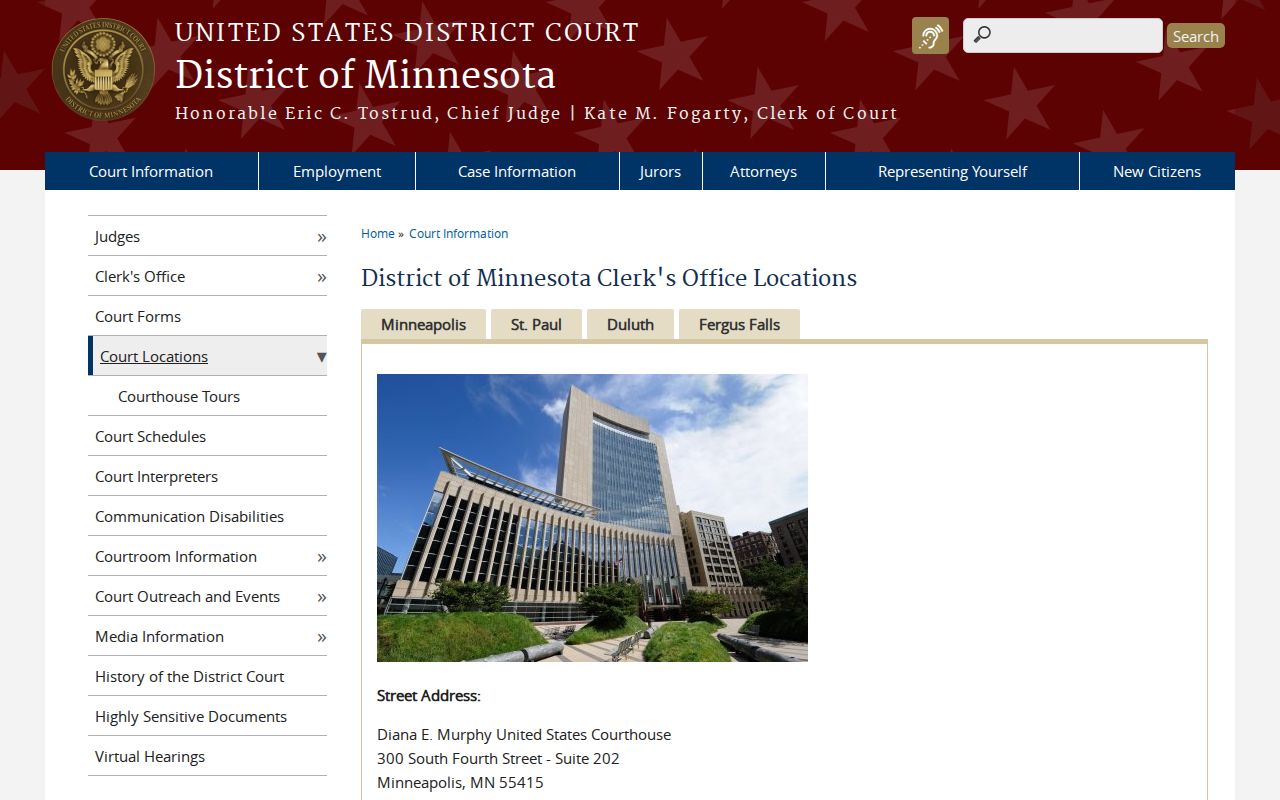 Federal courthouse locations for Minnesota, separate from Sibley County arrest warrant lookups