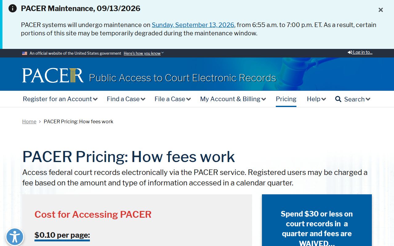 Federal court record access fees, which are separate from Sibley County arrest warrant records