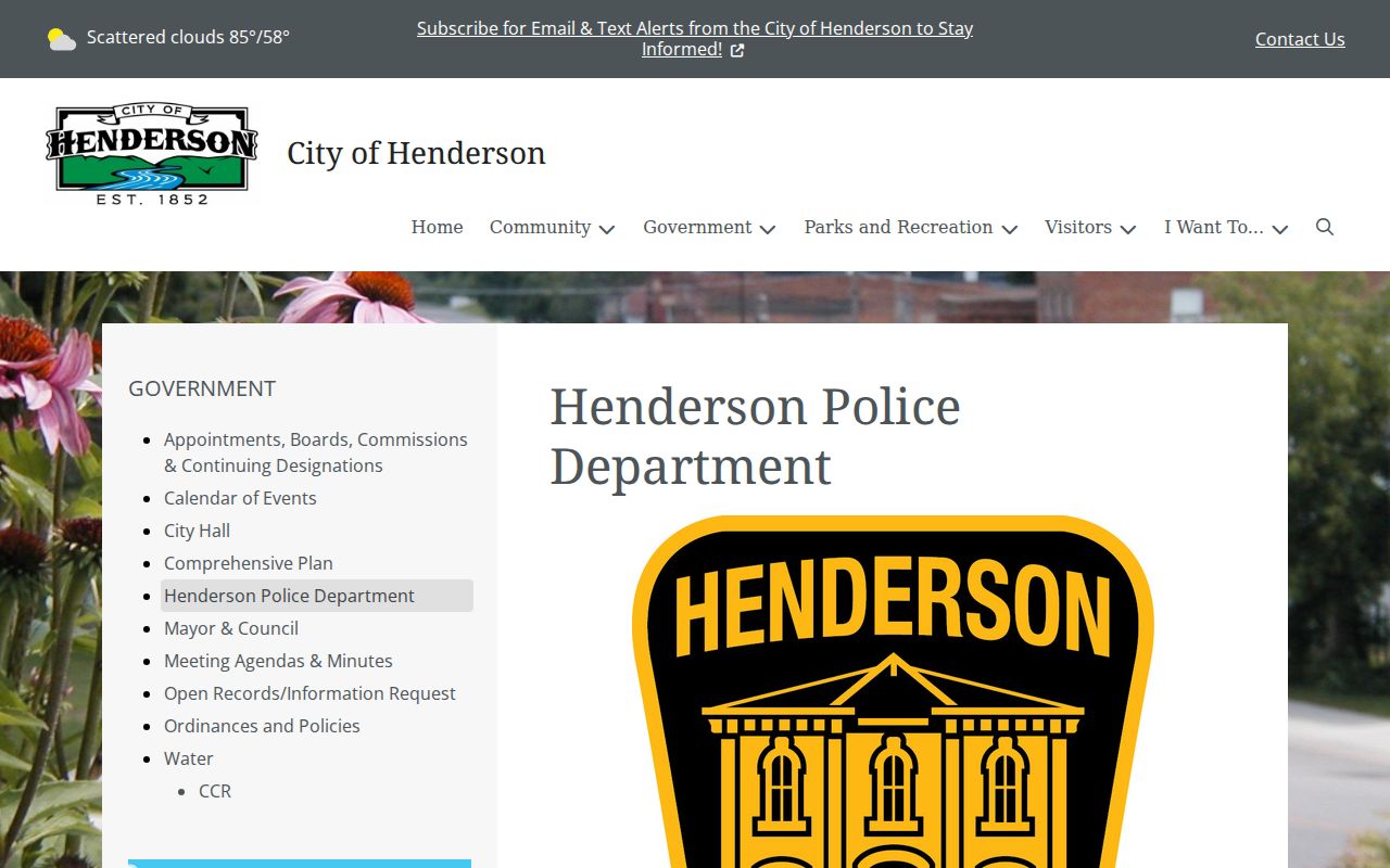 Henderson Police Department page describing dispatch and data releases, with no warrant lookup