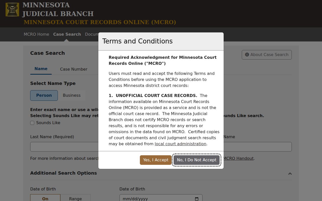 Minnesota Court Records Online search fields and county selector for Sibley County warrant records