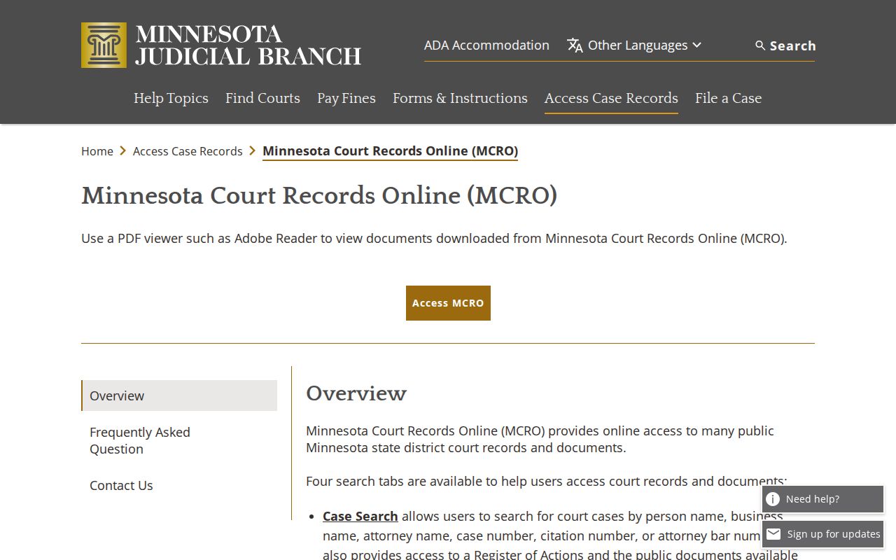 Minnesota Court Records Online public access notice for Sibley County warrant records