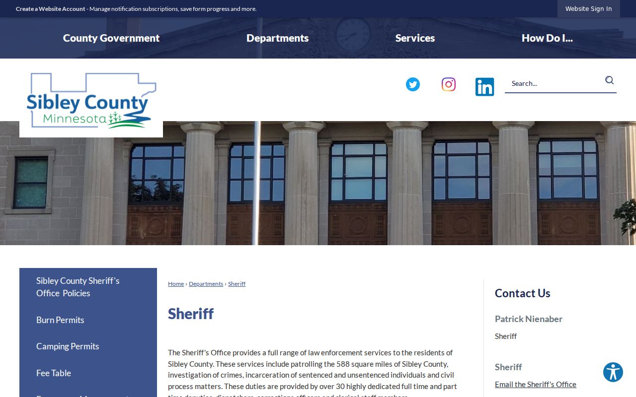 Sibley County Sheriff's Office page, which handles service and custody but lists no Sibley County warrant records
